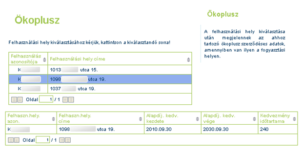 5 Ökoplusz Az Ökoplusz az alábbi menüpontból érhető el: Több felhasználási hely esetén a táblázatból ki kell választani egyet.