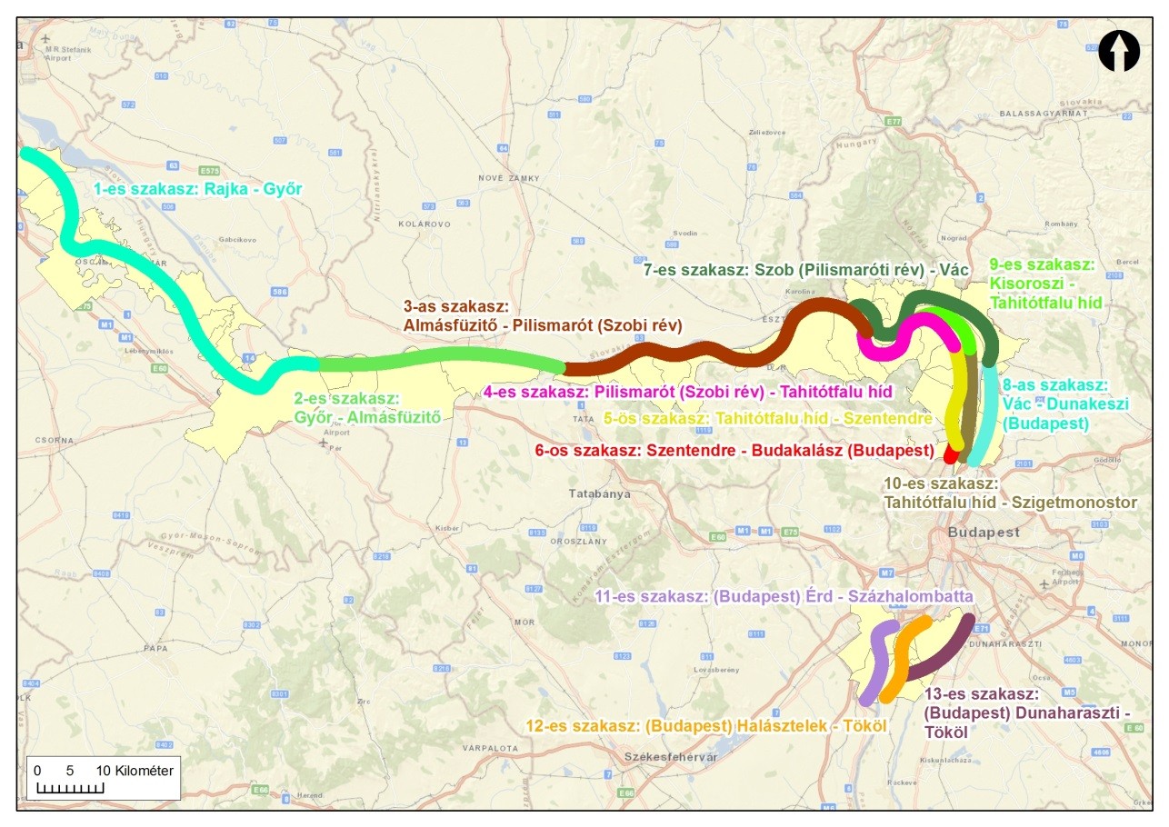 A fejlesztett szakaszok az EuroVelo6 kerékpárútvonal északi szakaszán, illetve Budapest déli határától a fővárosi agglomerációban A 2. szinten meghatározott szakaszok 1. szakasz: Rajka - Győr 2.