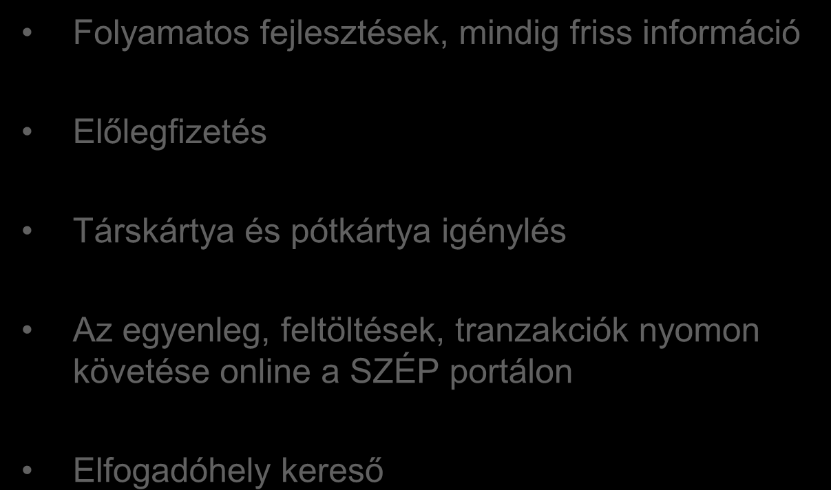 Honlap szolgáltatásaink kártyabirtokos ügyfeleinknek Folyamatos fejlesztések, mindig friss információ Előlegfizetés