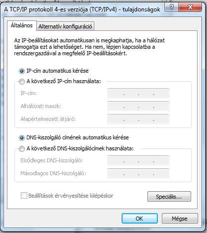 Válassza az IP cím automatikus lekérdezése és az DNS server cím automatikus lekérdezése elemeket,