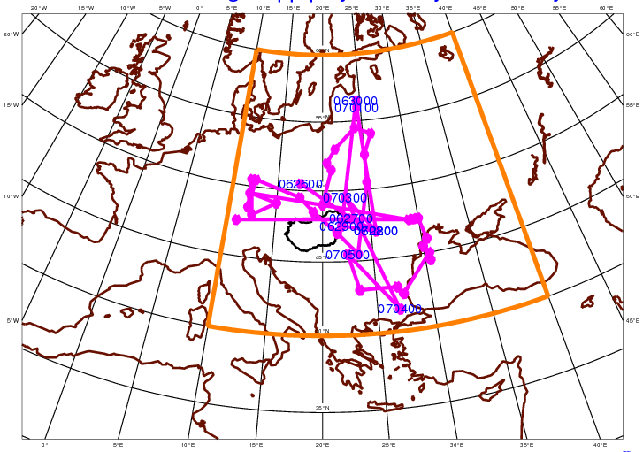 L É G K Ö R 57. évfolyam (2012) 67 14. ábra: 2011. július 1. 18 UTC-s 500 hpa-os geopotenciál (kék vonal) és hőmérséklet (piros vonal) mező 15.a ábra: Az ECMWF 2011. június 30.