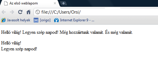 A CSS rész Betűtípusok, Színek definiálása, Blokkszintű elemek elhelyezése I. és Szöveg fejezetekben foglaltakkal formázhatók a címsorok. 2.4.3. A bekezdés páros címkéje a <p>.