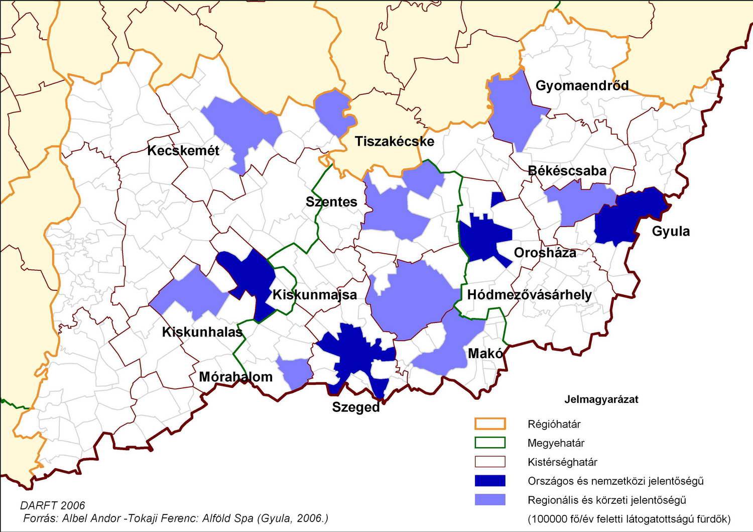 Dél-alföldi régió jelentősebb fürdői A Dél-Alföldön az ipari és mezőgazdasági termelés visszaesésével párhuzamosan gyorsan növekedett a szolgáltató szektor szerepe.