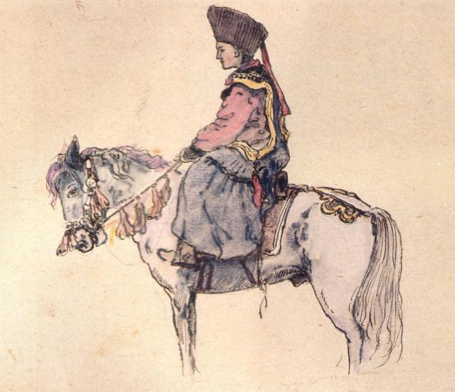 14. ábra hölgy a lován Altáj, XX. sz. eleje; rajzolta: G. I. Čoros-Gurkin. A dél-szibériai típusú nyergeket (15.