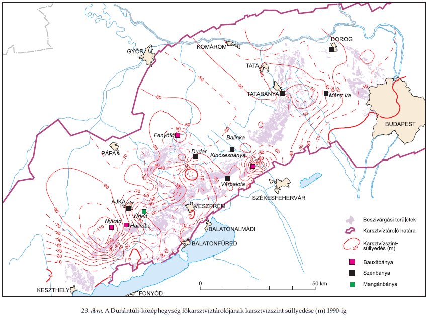 A legnagyobb karsztvízszint-süllyedések, amit a bauxit- és szénbányászati víztermelések