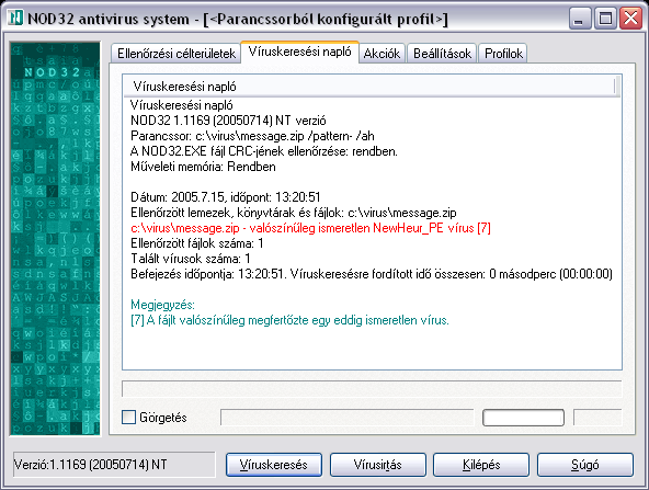 Látható, hogy a NOD32 felismeri a Win32/Mydoom.G férget, ugyanis parancssori paraméterként csak a fájl nevét adtuk meg.