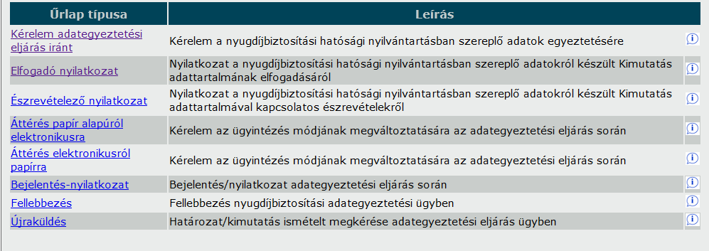 Ezt követően kerülhet sor az elektronikus űrlap letöltésére. Az egyeztetési eljárásban jelenleg a következő típusú űrlapok érhetők el.