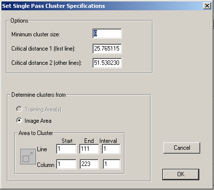 Újabb ablak tűnik fel ( Set Single Pass Cluster Specifications [egylépéses csoportosítás algoritmusának beállításai]), melynek felső részében a klaszterek pixelszámban megadott minimális méretét (