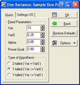 Mekkora eltérést tudák kimutati? α.5, β., Power vs. Var. Oe Variace: Power Calculatio Chi-square Variace Test (H: Var < 6.5) Power vs. Populatio Variace (Alpha.5, Df 9).9.8.7.6 Power.5.4.3.