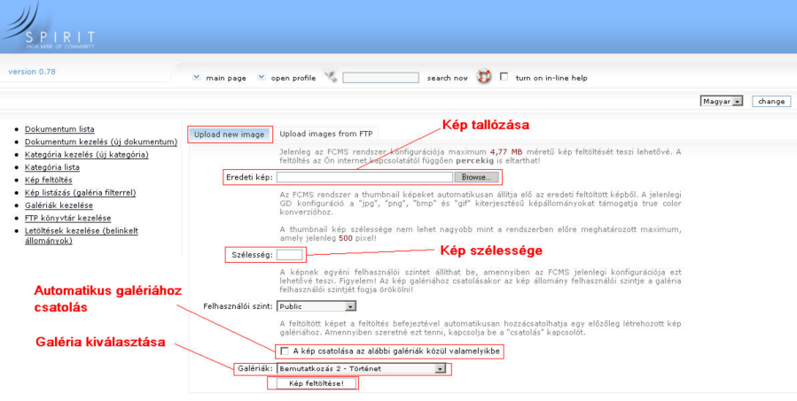 Kép feltöltése A CMS rendszerbe kétféleképpen tölthetünk fel képeket, egyesével, vagy a szerviz FTP könyvtárból. Mindkét esetben ugyanazokat a paramétereket kell beállítanunk.