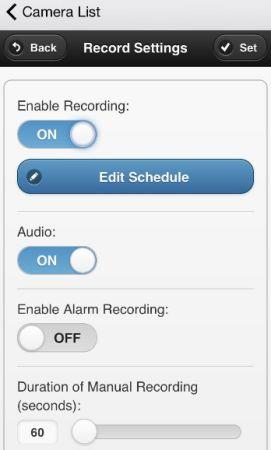 2) Érintse meg a "Record Settings" (rögzítési beállítások) sort Enable Recording (rögzítés engedélyezése): A rögzítés fő kapcsolója az IP kameránál, alaphelyzetben engedélyezve.