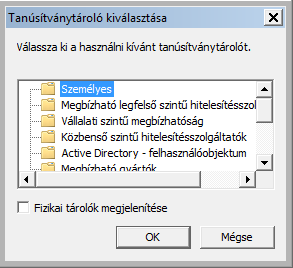 Itt a Tovább > gombra kell kattintani, így az alábbi ablakot kapjuk: Itt a Minden tanúsítvány tárolása ebben a tárolóban -t kell kijelölni ( ) a szövegre kattintva, majd a Tallózás gombot