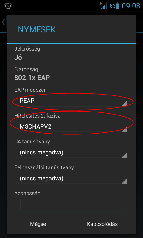 Helyesen a beállítások: Biztonság: 802.