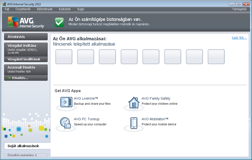 7. Saját alkalmazások A LiveKive, a Family Safety és a PC Tuneup alkalmazások elérhetok önálló AVG termékként, valamint az AVG Anti-Virus 2012 csomag opcionális részeként is.