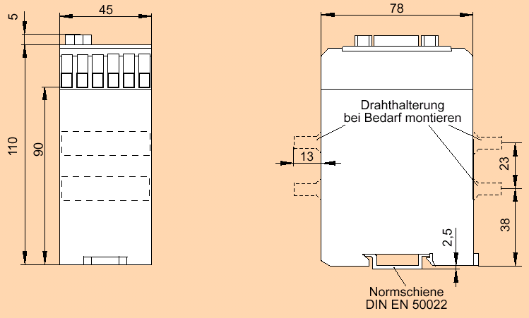 Környezeti hőmérséklet - 25 ºC-tól + 50 ºC-ig Elektromos csatlakozások Csavaros csatlakozások 2,5 mm²-ig a jelek és tápfeszültség részére Védettségi fok Ház IP 40, csatlakozások IP 20, DIN EN 60529