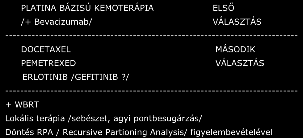 A nem-kissejtes tüdőrák agyi áttét PLATINA BÁZISÚ KEMOTERÁPIA ELSŐ / Bevacizumab/ VÁLASZTÁS ------------------------------------------------------------------------------ DOCETAXEL MÁSODIK PEMETREXED