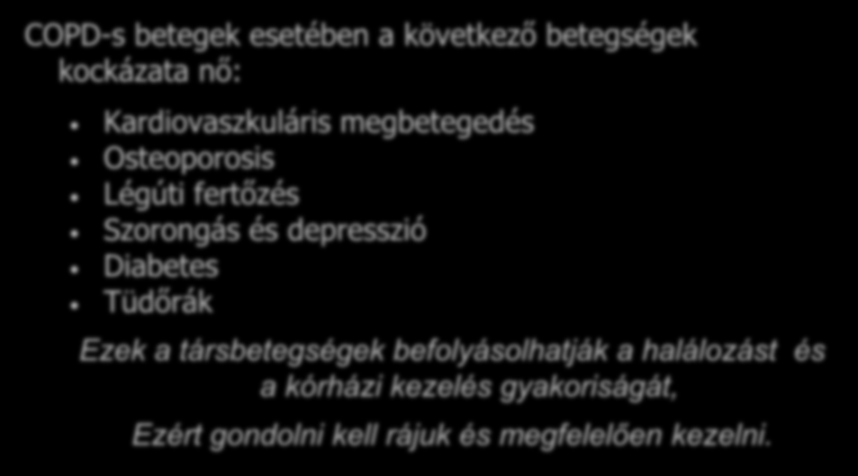 COPD társbetegségek COPD-s betegek esetében a következő betegségek kockázata nő: Kardiovaszkuláris megbetegedés Osteoporosis Légúti fertőzés Szorongás és