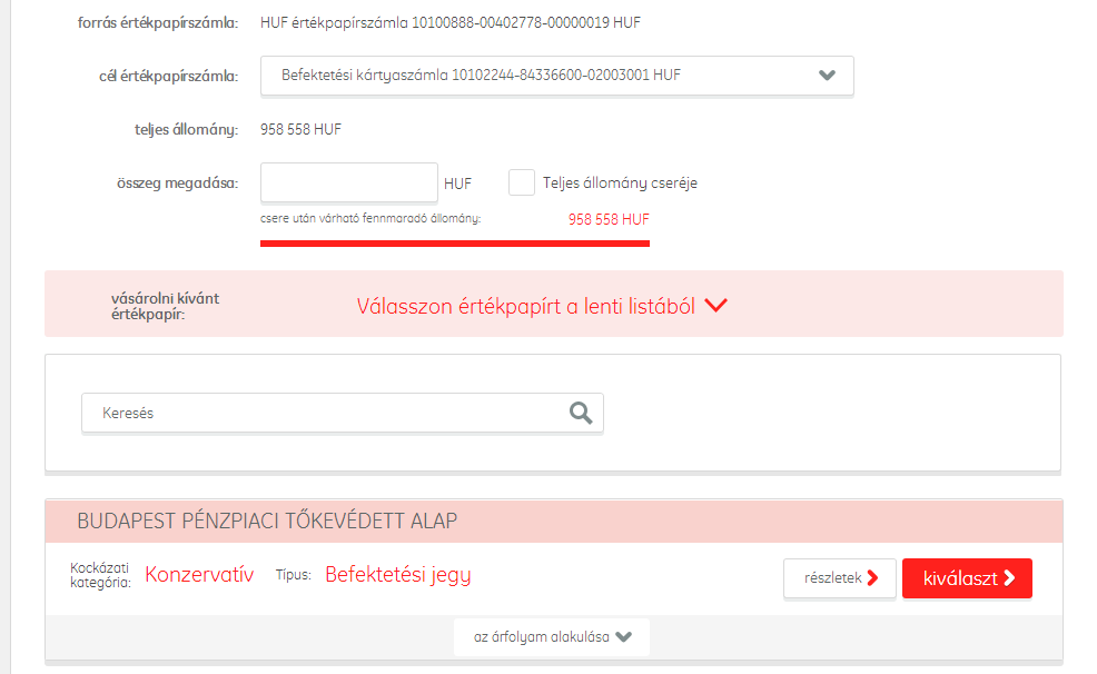 Válassza a legördülő menüből a Befektetési kártyaszámlát, majd