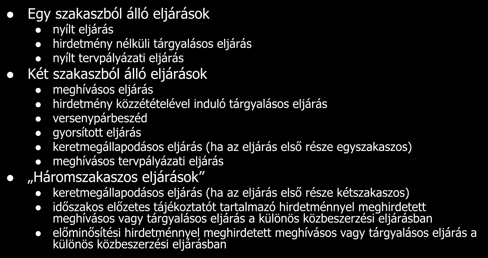 Szakaszok száma szerinti felosztás Egy szakaszból álló eljárások nyílt eljárás hirdetmény nélküli tárgyalásos eljárás nyílt tervpályázati eljárás Két szakaszból álló eljárások meghívásos eljárás