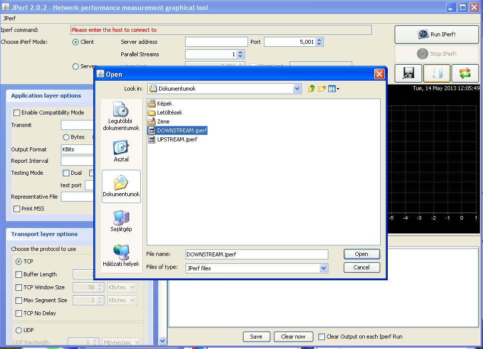 3. mérés Adatátviteli sebesség mérése Downstream irányba: a.) Indítsa el a KLIENS gépen a jperf nevű programot! b.
