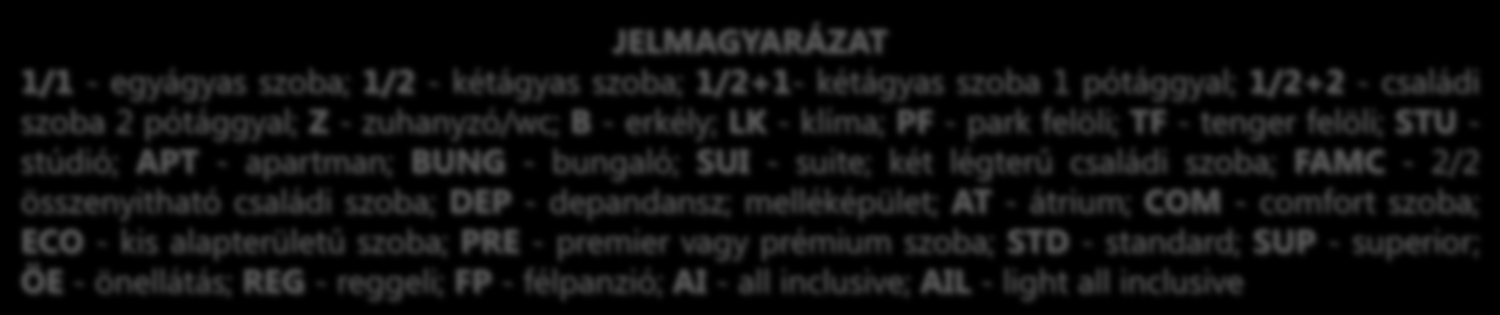 JELMAGYARÁZAT 1/1 - egyágyas szoba; 1/2 - kétágyas szoba; 1/2+1- kétágyas szoba 1 pótággyal; 1/2+2 - családi szoba 2 pótággyal; Z - zuhanyzó/wc; B - erkély; LK - klíma; PF - park felöli; TF - tenger