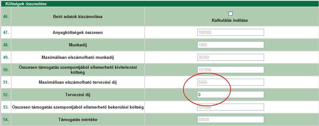 Amint az összes tétel kitöltésre került a rendszer kiszámolja a pályázat költségvetését: Amennyiben a munkabér meghaladja a támogatható mértéket, figyelmeztetést ír ki a rendszer,és így nem