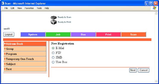 5 Beállítások megadása PageScope Web Connection használatával Új rendeltetési helyek regisztrálásához 1 Kattintson az [New Registration] (Új regisztráció) gombra.