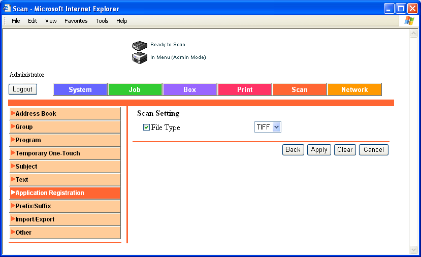 Beállítások megadása PageScope Web Connection használatával 5 Scan Setting (Szkennelési beállítás) Elem File Type (Fájltípus) Leírás