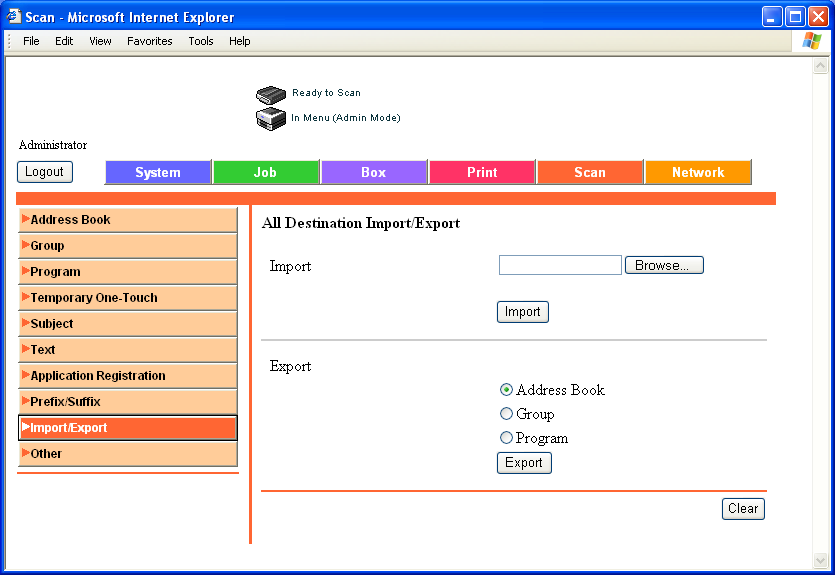 Beállítások megadása PageScope Web Connection használatával 5 5.19 Import/Export A számítógépen lévő címjegyzék-adat importjára vagy a készülékben lévő címjegyzék exportjára használják.