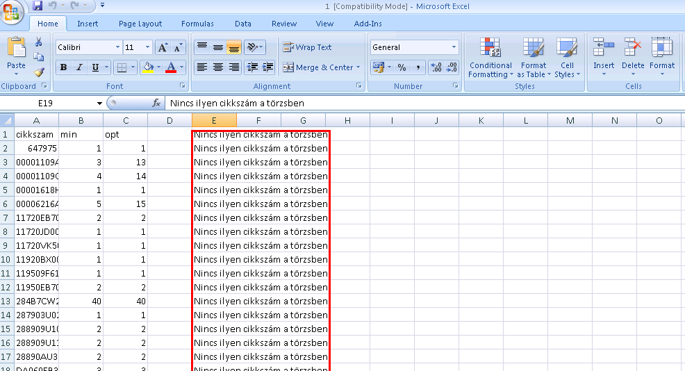 Az Excel fáj felépítése: 1.oszlop: Cikkszám 2.oszlop: Minimális készlet 3.