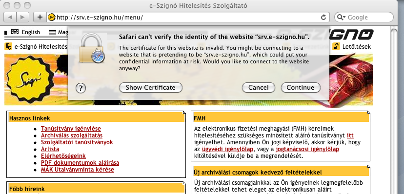 1. Bevezetés - Nem megbízható webhely Az e-szignó Hitelesítés Szolgáltató által kibocsátott tanúsítványokat a Mac OS X 10.6.