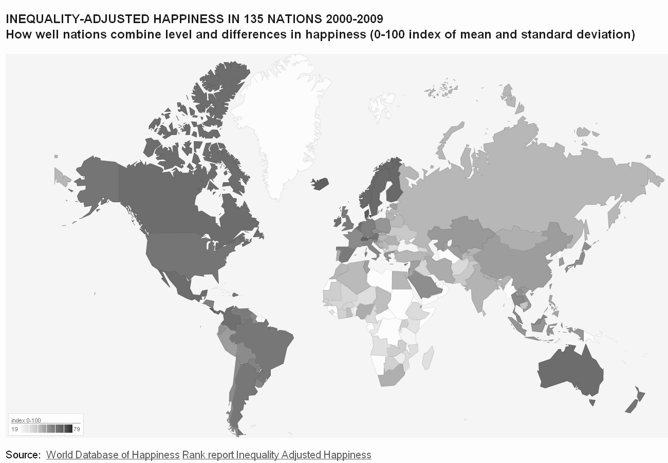 3.térkép Országokon belüli boldogsági egyenlőtlenségek eltérései 146 országban, 2000-2009 között Forrás: World Database of Happiness Rank report Inequality Adjusted Happiness8 Ha közelebbről
