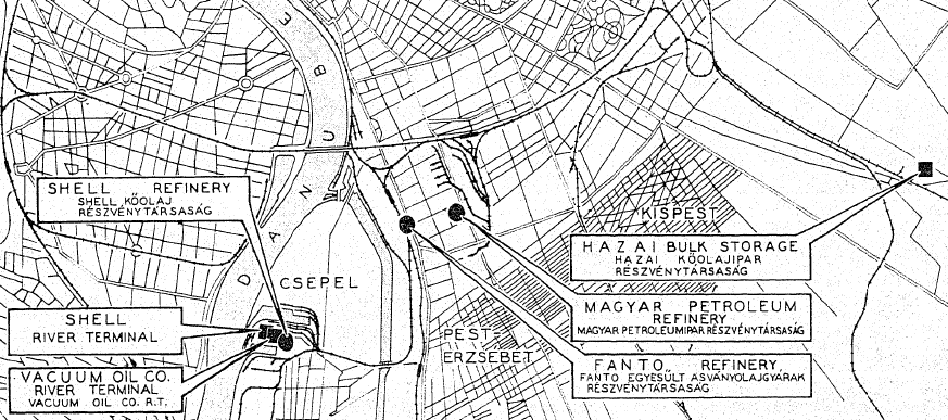 15. ábra A bombázások által elsődlegesen érintett főváros környéki és dunántúli területek olajipara egy amerikai hírszerzési összefoglaló anyagban (Air Force Historical