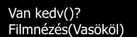 OO példa Tibi Filmnézés(Vasököl) István Van kedv()? Filmnézés(Vasököl) Filmnézés(Vasököl) Kata Nyitva()? Van( )?