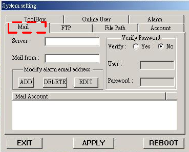 6.5.3 E-mail beállítások (Mail) Ha a riasztás beindul, a Videó Server program készít egy képet és elküldi e-mail-ben a megjelölt címekre. 1.