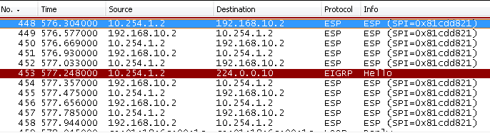 A képen jól látható hogy az ICMP csomagok kódoltak (Protocol ESP), és hogy azok direktbe a DR2 router-hez mennek a cél cím alapján.