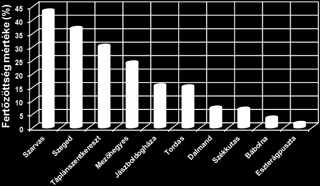 84 11. ábra: Őszi búza genotípusok természetes sárgarozsda fertőzöttségének mértéke (%) a genotípusok átlagában 10 kísérleti helyen 2013-ban 7. táblázat.
