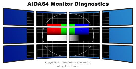 Eszközök MONITORDIAGNOSZTIKA Az AIDA64 Monitordiagnosztika segítségével az LCD és CRT-monitorok megjelenítését és teljesítményét tesztelhetjük.