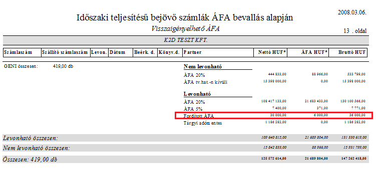 Időszaki teljesítésű bejövő számlák ÁFA bevallás alapján riport végén az