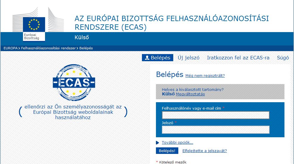 ECAS Bejelentkezés Ez az oldal minden alkalommal megjelenik, amikor a felhasználó be kíván lépni a Közösségi Forgalmi Jegyzékbe.