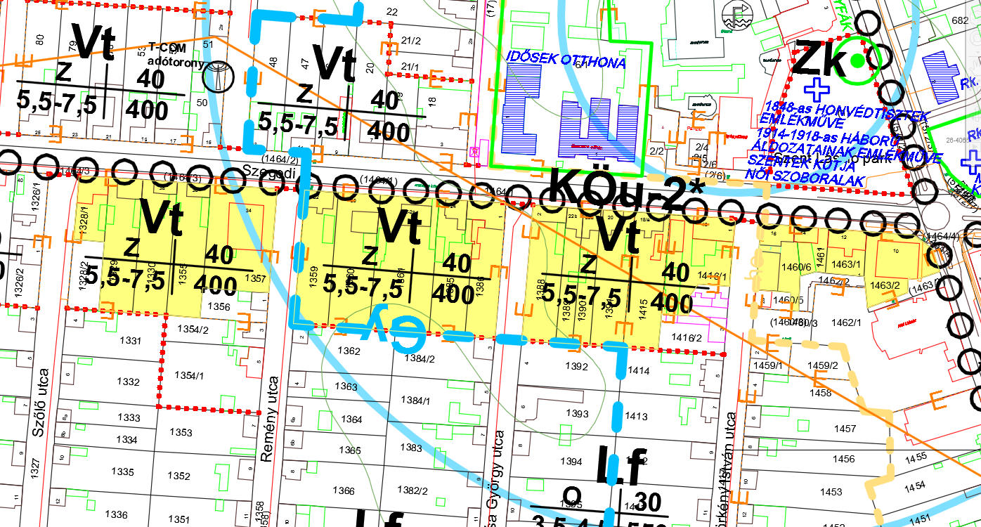 Az érintett telekcsoport a következő légifotón és szabályozási terv részleten látható: A Szegedi út 10-38. telekcsoport területe (aláfestve) a szabályozási terven: A Rendelet 32.