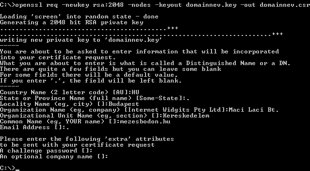 6.1. Példa a kulcsgenerálásra és a kérelem létrehozására Jelszavas kulcsgenerálás és kérelem létrehozás adatmegadást