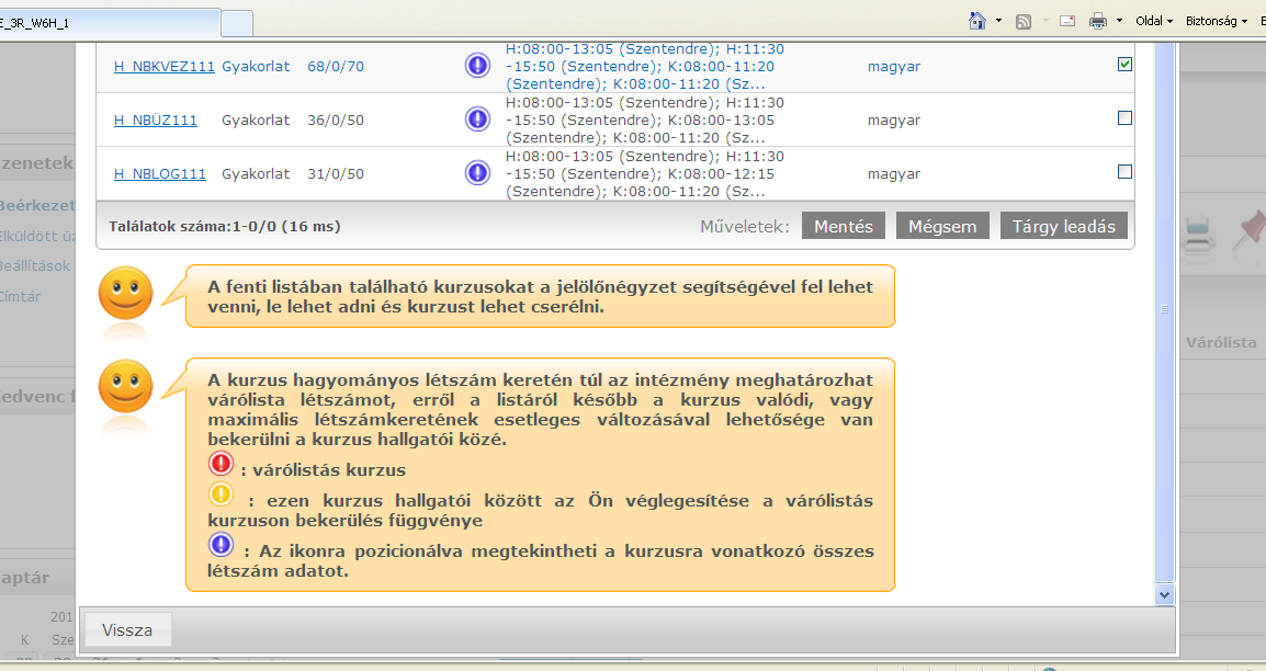 Felvett kurzust az alábbiakban módosíthatom :