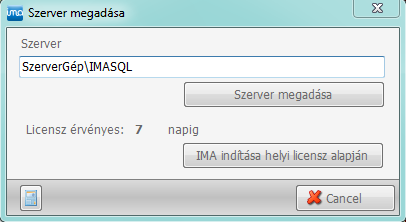d. Belépés az IMA-ba Első indításkor az IMA bekéri annak a számítógépnek a nevét, vagy az IP címét, amelyre a szerver rész lett telepítve, valamint az SQL szerver nevét.