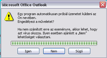 Amikor az Outlook biztonsági védelme érzékeli a külső programból indított levél küldését, megerősítést kér a folyamat engedélyezéséhez. Igen gomb megnyomásával folytatódik a e-mail küldése.