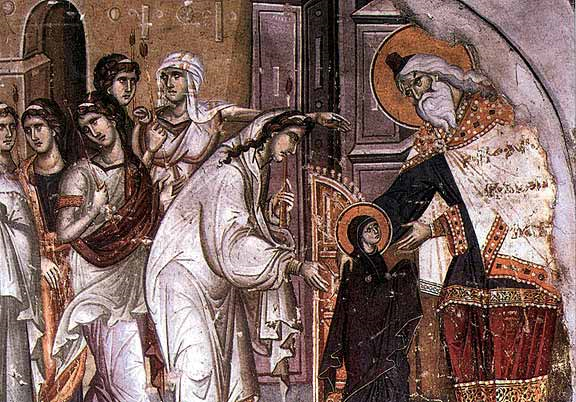 17. ábra: Athoszi kolostorok, Protaton, templom, A Szőz bemutatása freskó Athoszban a 13. és a 14. században a makedón iskola lendületes, realista freskókat készített, majd a 15. 16.