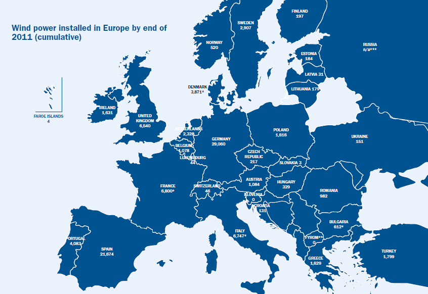 Szélenergia hasznosítás Európában Európa egyértelműen elveszítette vezető szerepét 2010-2011-ben a pénzügyi