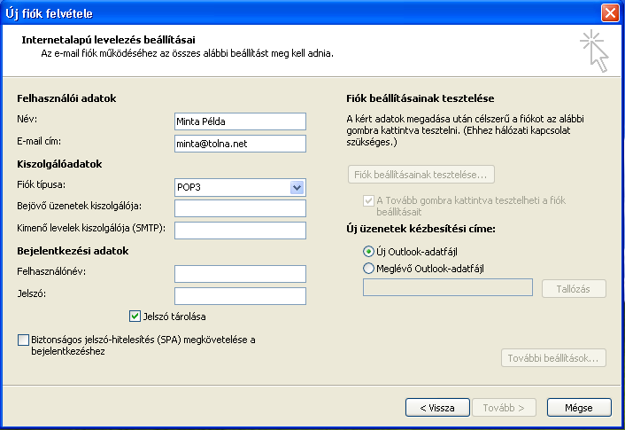 A következő lépésben a levelezési kiszolgáló nevét kell megadnia. A Bejövő üzenetek kiszolgálója, valamint a Kimenő levelek kiszolgálója (SMTP) mezőbe egyaránt mail.tolna.net legyen beírva.