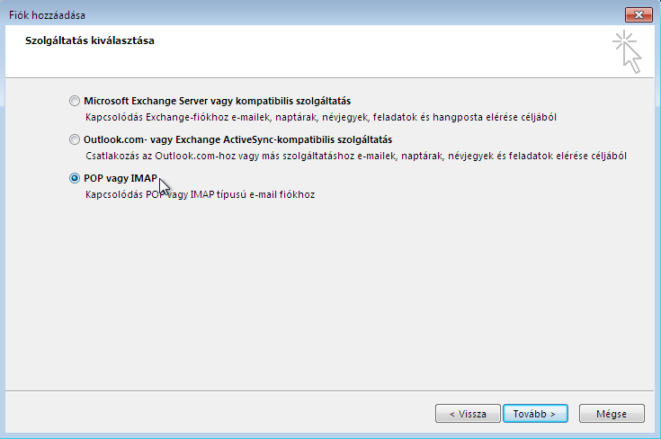 Válassza a POP vagy IMAP opciót.