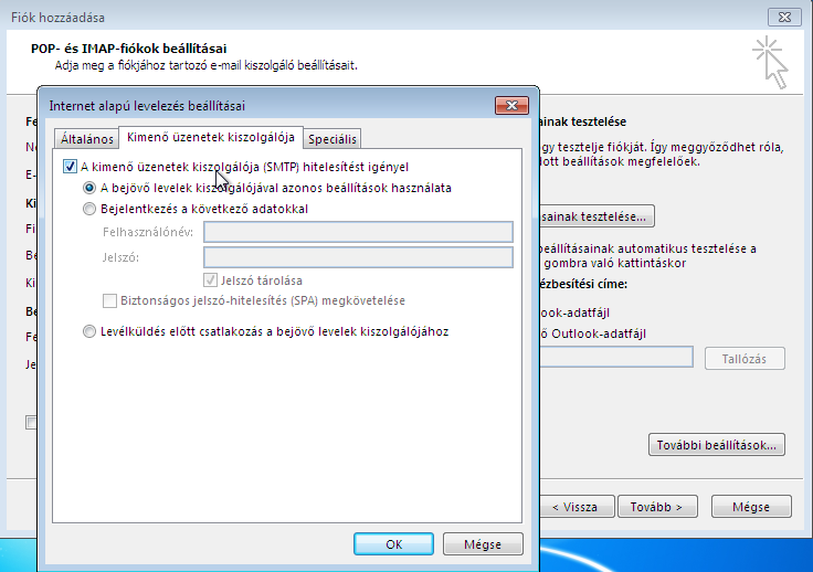 A Kimenő levelek kiszolgálója lapfülön pipálja ki A kimenő levelek kiszolgálója (SMTP) hitelesítést